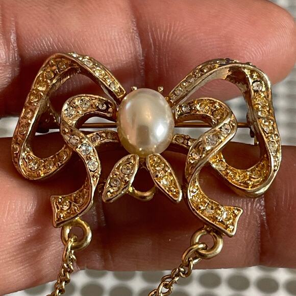 Vintage Bow Rhinestone Brooch Faux Pearl Cabochon Stone Pic Frame B#7 - Picture 6 of 11